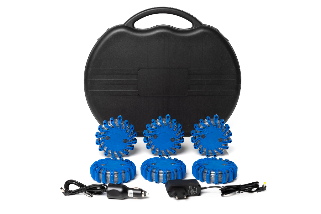 Valigetta con 6 luci segnaletiche ricaricabili di colore blu a LED