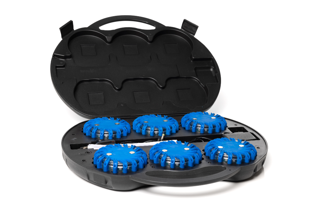 Valigetta con 6 luci segnaletiche ricaricabili di colore blu a LED